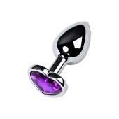 Серебристая коническая анальная пробка с фиолетовым кристаллом-сердечком - 7 см. - ToyFa - купить с доставкой в Курске