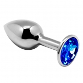 Серебристая анальная втулка с синим кристаллом Mini Metal Butt Plug Size M - 8 см. - Adrien Lastic