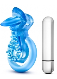 Голубое эрекционное виброкольцо 10 Function Vibrating Tongue Ring - Blush Novelties - в Курске купить с доставкой