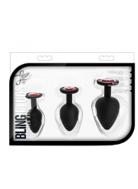 Набор черных анальных пробок с красным кристаллом-сердечком Bling Plugs Training Kit - Blush Novelties - купить с доставкой в Курске