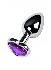Серебристая коническая анальная пробка с фиолетовым кристаллом-сердечком - 7 см. - ToyFa - купить с доставкой в Курске