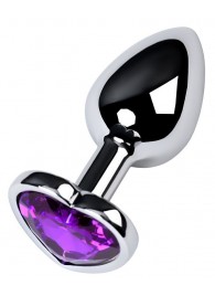 Серебристая коническая анальная пробка с фиолетовым кристаллом-сердечком - 7 см. - ToyFa - купить с доставкой в Курске
