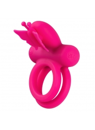 Розовое эрекционное виброкольцо Silicone Rechargeable Dual Butterfly Ring - California Exotic Novelties - в Курске купить с доставкой