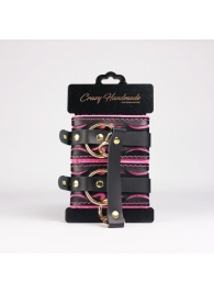 Черные кожаные оковы с розовой строчкой - Crazy Handmade - купить с доставкой в Курске Черные кожаные оковы с розовой строчкой - Crazy Handmade - купить с доставкой в Курске