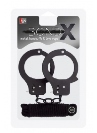 Чёрные наручники из листового металла в комплекте с веревкой BONDX METAL CUFFS LOVE ROPE SET - Dream Toys - купить с доставкой в Курске