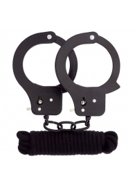 Чёрные наручники из листового металла в комплекте с веревкой BONDX METAL CUFFS LOVE ROPE SET - Dream Toys - купить с доставкой в Курске