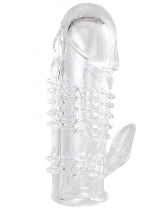 Прозрачная гелевая насадка с шипами и клиторальным отростком - 13 см. - Toyfa Basic - в Курске купить с доставкой