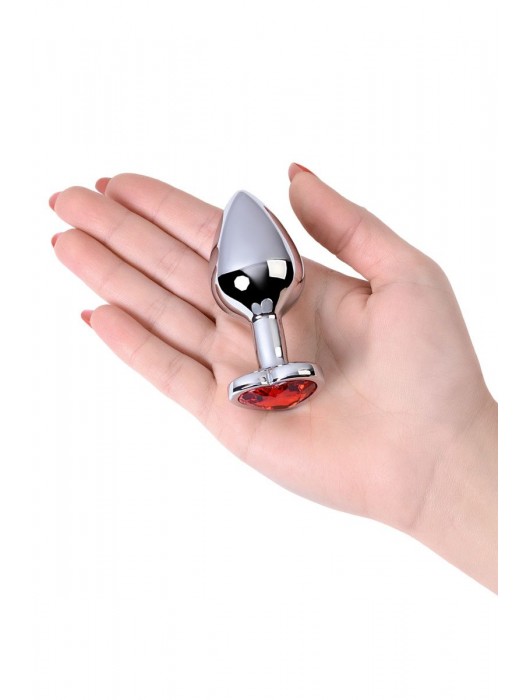 Серебристая коническая анальная пробка с красным кристаллом-сердечком - 7 см. - ToyFa - купить с доставкой в Курске