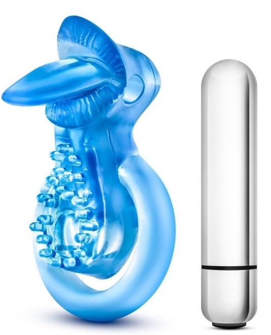 Голубое эрекционное виброкольцо 10 Function Vibrating Tongue Ring - Blush Novelties - в Курске купить с доставкой