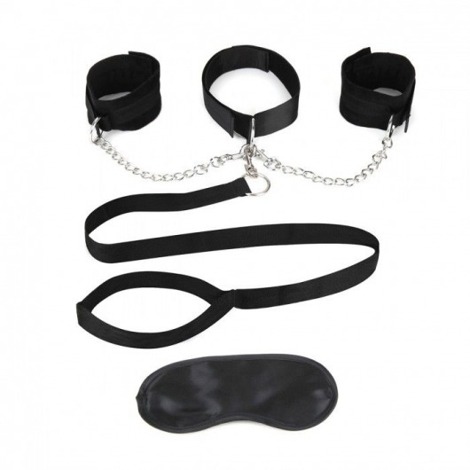 Чёрный ошейник с наручниками и поводком Collar Cuffs   Leash Set - Lux Fetish - купить с доставкой в Курске