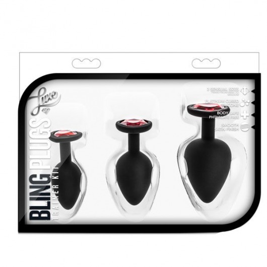 Набор черных анальных пробок с красным кристаллом-сердечком Bling Plugs Training Kit - Blush Novelties - купить с доставкой в Курске