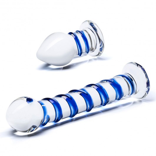 Набор из 2 стеклянных игрушек с синей спиралью Swirly Dildo   Buttplug Set - Glas