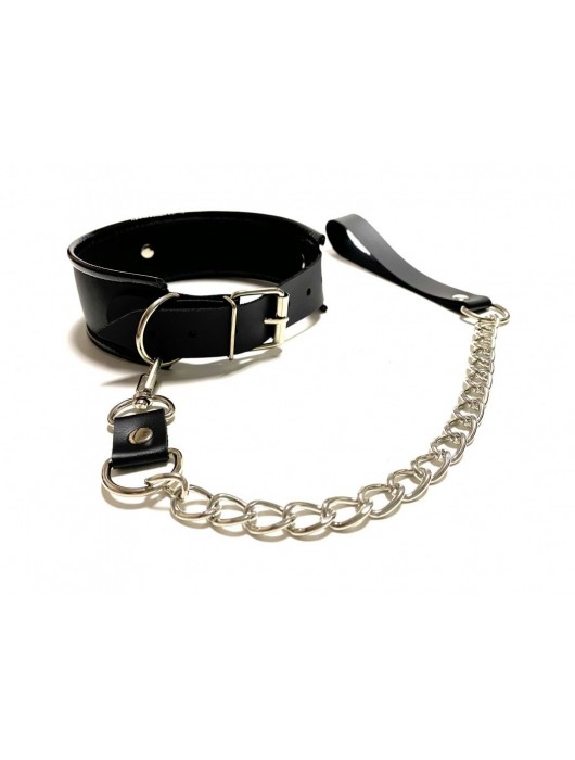Черный ошейник с поводком из эко-кожи - БДСМ Арсенал - купить с доставкой в Курске