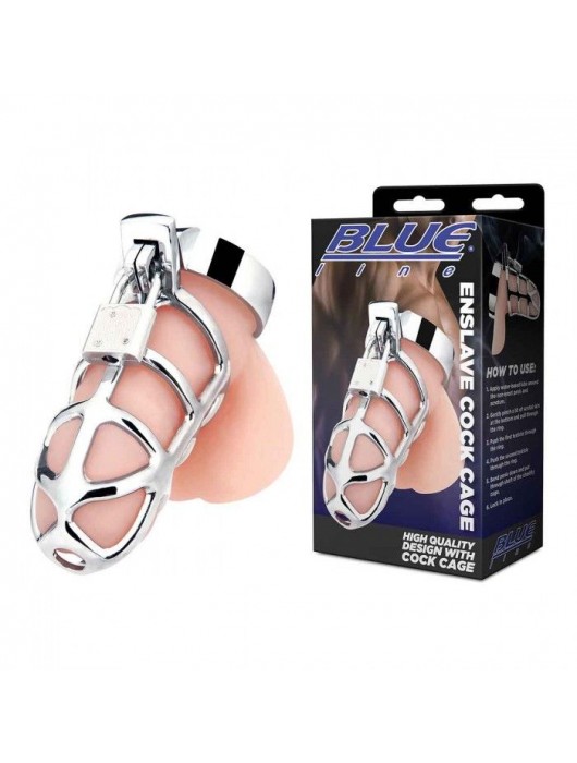 Серебристая металлическая клетка для члена с замком Enslave Cock Cage - BlueLine - купить с доставкой в Курске