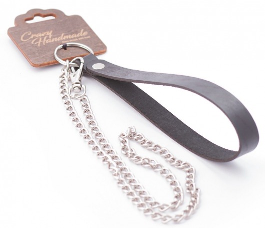 Серебристый металлический поводок с кожаной черной ручкой - 80 см. - Crazy Handmade - купить с доставкой в Курске