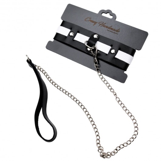 Черно-белый кожаный ошейник с поводком-цепочкой - Crazy Handmade - купить с доставкой в Курске