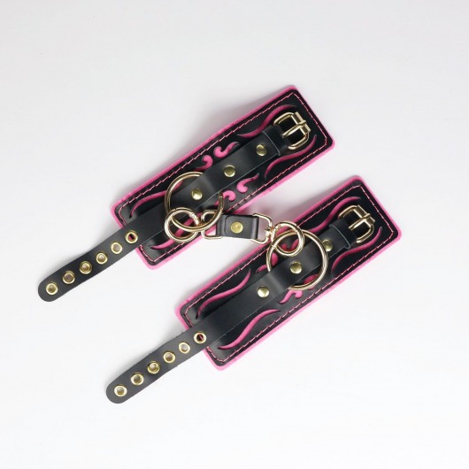 Черные кожаные наручники с розовой строчкой - Crazy Handmade - купить с доставкой в Курске Черные кожаные наручники с розовой строчкой - Crazy Handmade - купить с доставкой в Курске