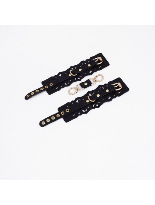 Черные кожаные наручники с узорами и золотистой фурнитурой - Crazy Handmade - купить с доставкой в Курске
