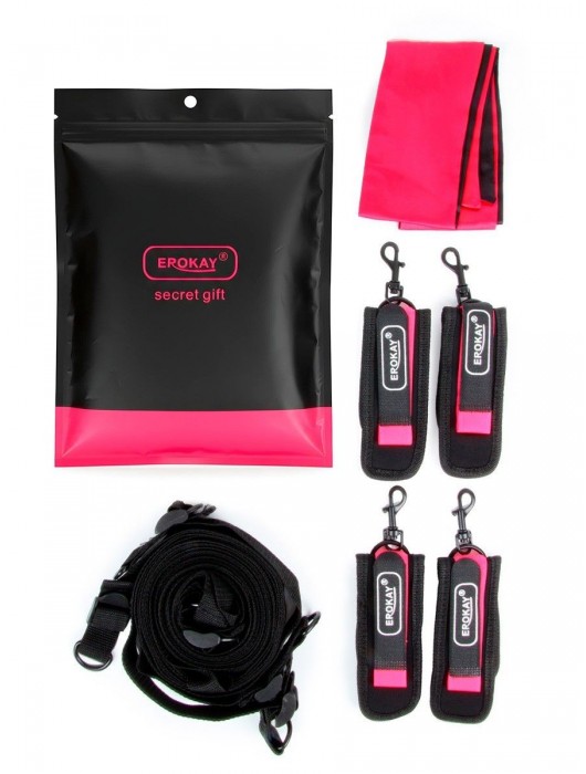 Черно-розовый эротический набор: фиксатор, оковы, наручники, повязка - Erokay - купить с доставкой в Курске