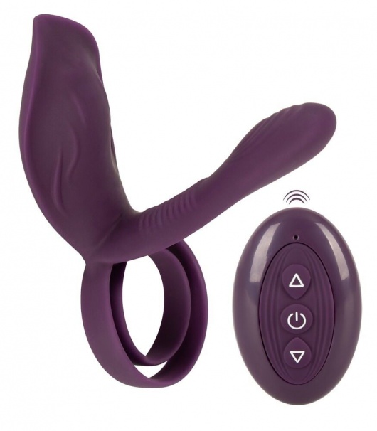 Фиолетовая насадка на член с клиторальным отростком и пультом ДУ RC Couple’s Vibrator 2 - Orion - в Курске купить с доставкой