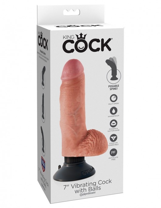 Телесный вибратор с мошонкой и съемной присоской 7  Vibrating Cock with Balls - 17,8 см. - Pipedream
