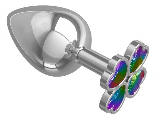 Серебристая анальная пробка-клевер с радужным кристаллом - 9,5 см. - Джага-Джага - купить с доставкой в Курске