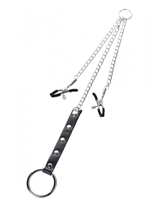 Серебристо-чёрные зажимы для сосков с кольцом для пениса TOYFA Metal - ToyFa - купить с доставкой в Курске